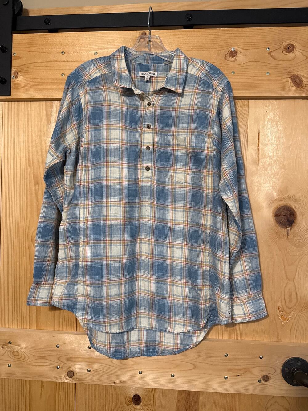 Toad & Co Cairn Popover Tunic Henley Blue Plaid Button Long Sleeve Sz L Women’s